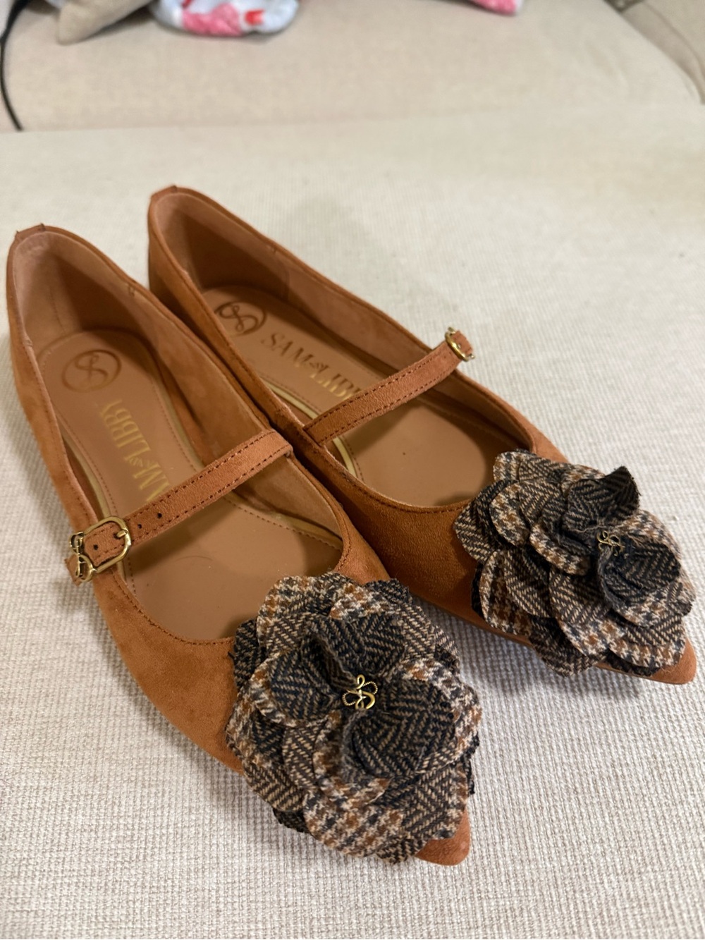 Brown Suede Mary Jane Flats with Plaid Floral Accent